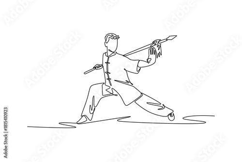 Single continuous line drawing man Wushu athlete poised in a deep bow stance, holding spear in forward thrust guard. Power, balance, disciplined form. One line draw graphic design vector illustration