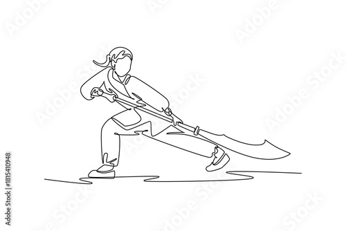 Single continuous line drawing woman Wushu athlete poised in deep bow stance, holding halberd in powerful, low guard. Discipline, strength, focus form. One line draw graphic design vector illustration