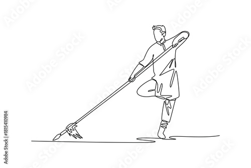 Single continuous line drawing man Wushu athlete balancing on one leg, holding spear in powerful vertical stance. Control and grace martial arts form. One line draw graphic design vector illustration