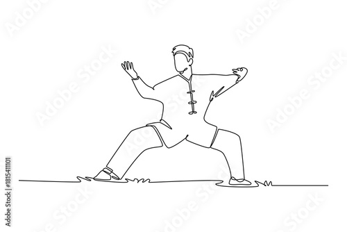 Single one line drawing man Wushu athlete is in low, horse stance with arms extended in defensive or offensive pose. Power, balance, discipline. Continuous line draw design graphic vector illustration