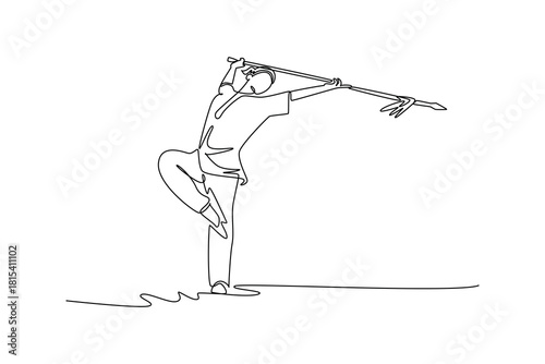 Single continuous line drawing man Wushu athlete balancing on one leg, holding spear across his shoulders. Precision, control, grace martial arts form. One line draw graphic design vector illustration