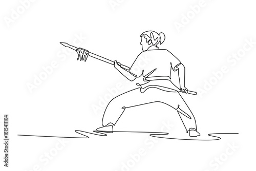 Single one line drawing woman Wushu athlete poised in low stance, holding spear in powerful guard. Discipline, strength, and focus form. Modern continuous line draw design graphic vector illustration
