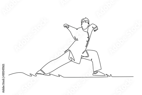 Single one line drawing man Wushu athlete poised in dynamic, deep bow stance with clenched fists, illustrating power, focus and discipline form. Continuous line draw design graphic vector illustration