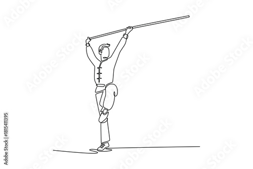 Single one line drawing man Wushu athlete balancing on one leg, holding staff high overhead. Precision, control, and grace of martial arts form. Continuous line draw design graphic vector illustration