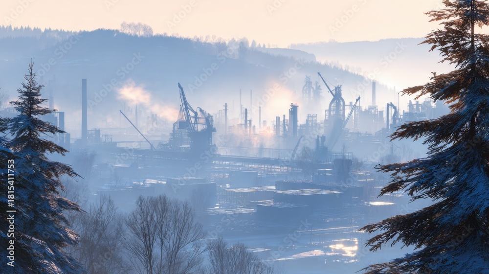 Fototapeta premium Industrial Landscape in Winter with Smokestacks and Cranes Surrounded by Frosty Trees under Soft Morning Light
