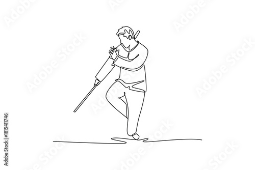 Continuous one line drawing man Wushu athlete balancing on one leg, holding staff vertically for guard. Precision, control, grace martial arts form. Single line draw design vector graphic illustration