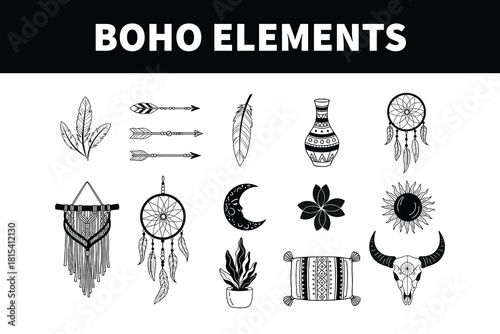 boho elements and bohemian style icon collection