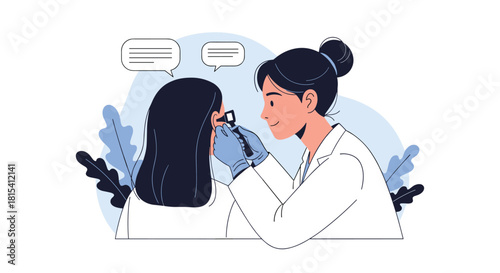 Doctor using an otoscope to examine a patient's ear during a medical consultation.
