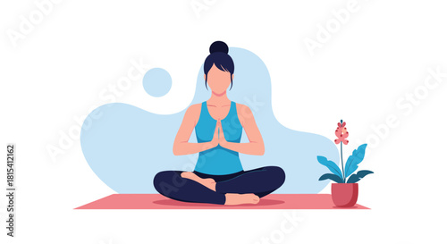 Woman meditating in lotus pose on a yoga mat with a potted plant and blue abstract background.