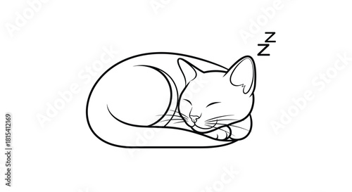 Outline illustration of a cute cat sleeping peacefully curled up with 'zzz' above its head.