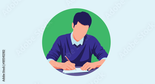 Young man writing on a paper while sitting at a desk with a pencil in his hand.