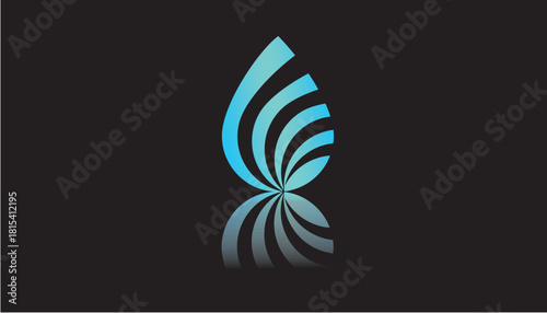 Blue abstract droplet logo with smooth gradient curves and glossy mirrored reflection on dark background