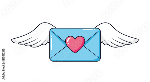 A whimsical illustration of a blue envelope with white wings and a pink heart on a white background.