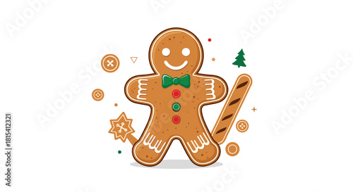 Cute gingerbread man cookie with festive Christmas decorations and buttons.