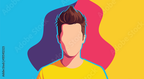 A stylized, faceless portrait of a young man with spiky brown hair and a yellow shirt against a colorful background.