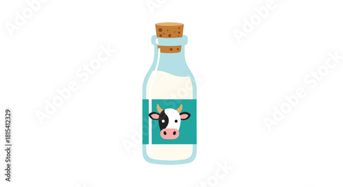 Cute cartoon bottle of milk with a cow label on a white background.