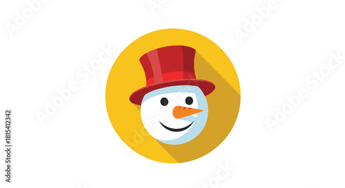Flat design icon of a snowman head wearing a red top hat and a carrot nose, set against a yellow circle with a subtle shadow.