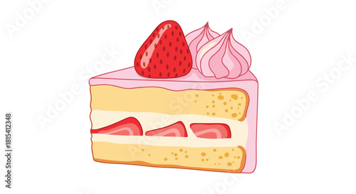 A slice of strawberry shortcake with pink frosting and meringue swirls on top.
