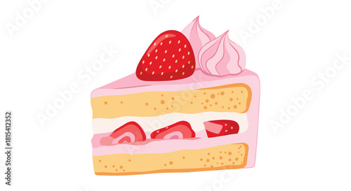 A slice of delicious strawberry shortcake with pink frosting and meringue.