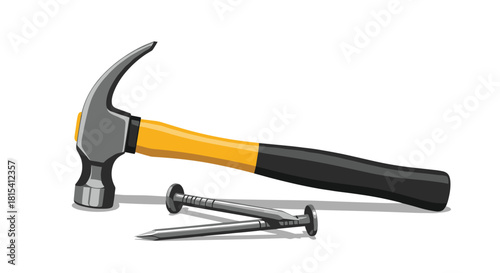 A claw hammer rests beside two nails on a white background.