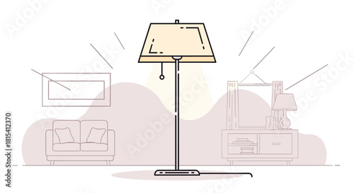 Illustration of a modern living room with a floor lamp and furniture.