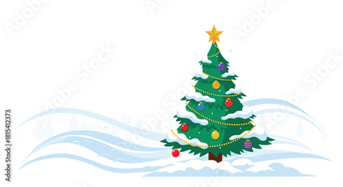 Decorated Christmas tree covered in snow stands tall in a winter landscape with gentle hills.