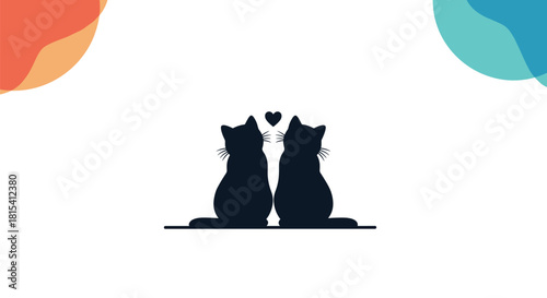 Two black cat silhouettes sitting back to back with a heart above them on a white background.