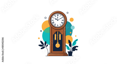 Vector illustration of a wooden grandfather clock with a pendulum and Roman numerals on a white background.