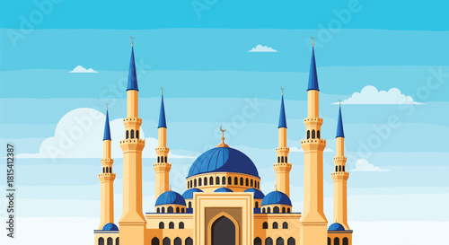 Illustration of a grand mosque with tall minarets and a blue dome under a cloudy sky.