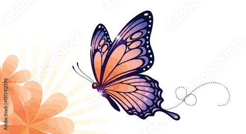 A beautiful butterfly with orange and purple wings flies past stylized orange flowers and sunbeams.