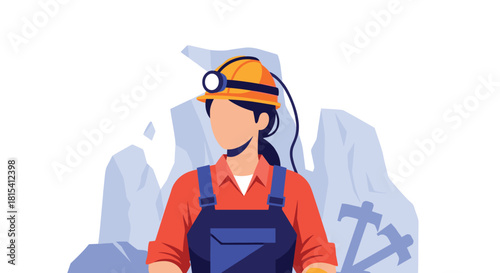 Illustration of a female miner wearing a hard hat with a headlamp, ready to work in a mine setting.
