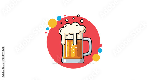Illustration of a full beer mug with overflowing foam and colorful circles on a white background.