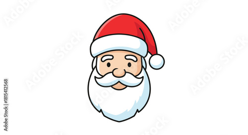 Cartoon illustration of a friendly Santa Claus face with a red hat and white beard.
