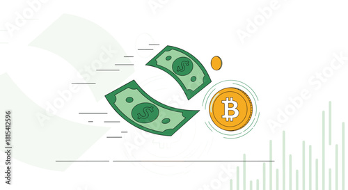 Illustration of currency exchange with dollars and bitcoin cryptocurrency in a financial concept.
