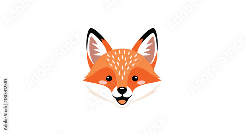 Cute cartoon fox head with big ears and a smiling mouth on a white background.