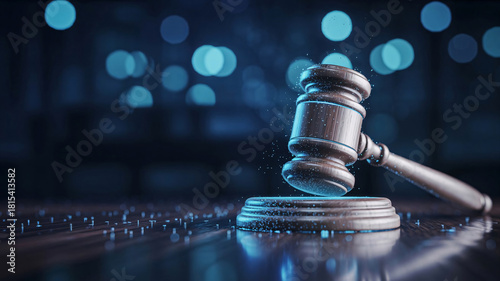 Digital gavel and block on wooden table symbolizing justice and future regulation