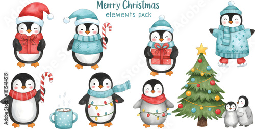 Vector Illustration Cute Christmas Penguins and Winter Holiday Elements Pack