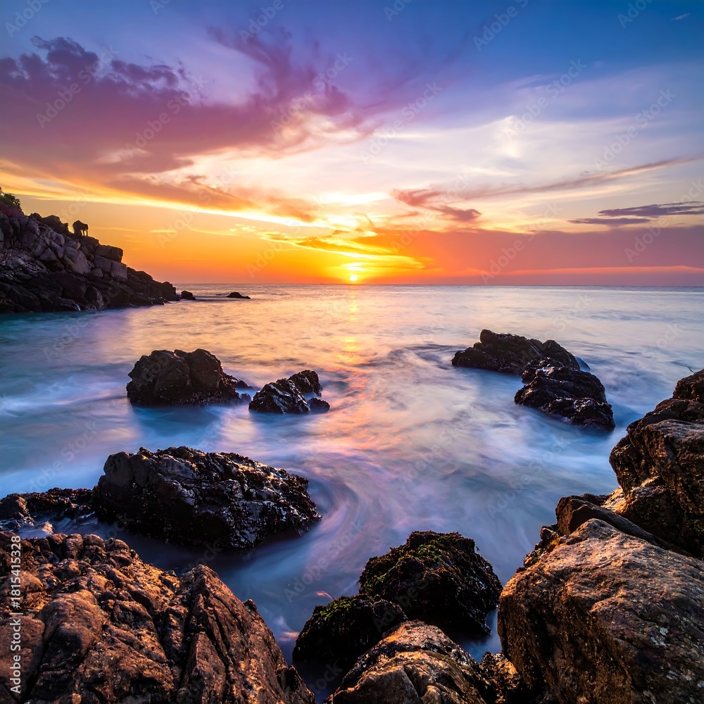 Naklejka premium A coastal sunset displays radiant colors. The water blurs across the rocks, reflecting the sun's warm glow and creating a serene scene