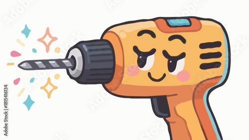Electric guitar and cartoon man with microphone next to a power tool like an isolated electric drill