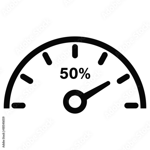 Simple gauge illustration showing fifty percent with a black needle indicator-Performance indicator speedometer gauge icon for data metrics