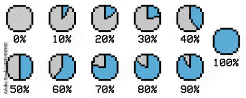 Set Pixel Diagram Pie Vector Ideal for gaming interfaces, data visualization, infographics, and digital art themes requiring a collection of 8-bit statistical charts.