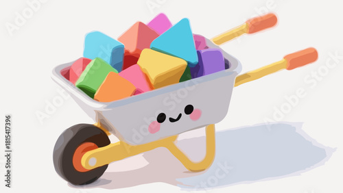 Toy truck on a white background with red construction wheelbarrow and building tools vector illustration