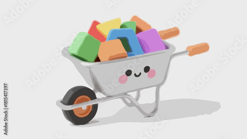 Empty shiny gardening wheelbarrow tool with wheels isolated on white background vector illustration