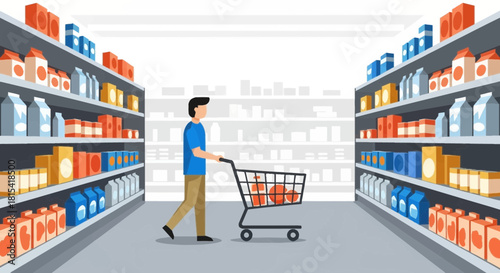 Shopping at the grocery store for everyday essentials, a man pushes his cart through the aisles filled with a variety of food products and household items