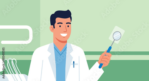 Friendly dentist holding mirror in modern clinic, ready for examination, showcasing caring and professional service, a healthy smile is a happy smile