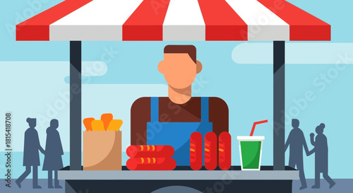 Grab a tasty bite from the vibrant street food vendor, delicious hotdogs and crispy fries, perfect for a quick and satisfying meal on the go