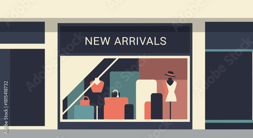 Chic boutique window display showcasing new arrivals and stylish fashion trends, perfect for retail marketing and seasonal promotions to attract shoppers