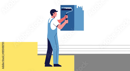 Professional painter applies fresh blue paint to a wall using a roller, bringing new life to an interior, perfect for home improvement projects and creative renovations