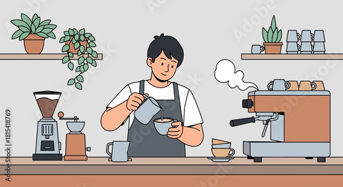Professional barista pouring milk into coffee, crafting the perfect latte in a modern café setting, showcasing coffee culture and skilled barista techniques