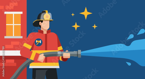 Brave firefighter heroically battles blaze with powerful water hose, safeguarding homes and community, stars shining above, flat design